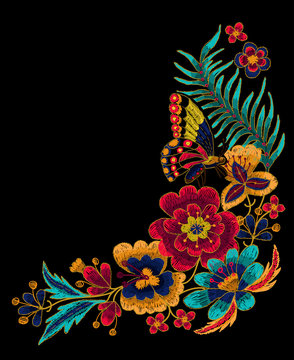 Butterfly with flowers vector embroidery.