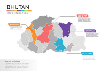 Fototapeta premium Bhutan map infographics vector template with regions and pointer marks