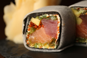 Roll with red fish. Close up