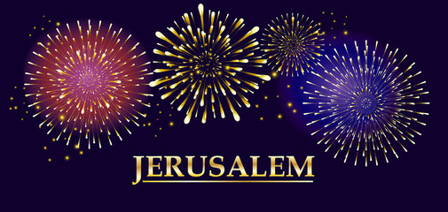 Jerusalem gold text design vector isolated. Realistic festive firework bursting shapes burst sparkles, shiny stars night background. Jewish National Holiday celebrate. Festival Israel