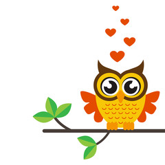 cartoon owl with heart on a branch