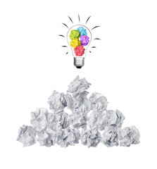 Pile of ball paper crumpled with colorful paper in lightbulb isolated on white background  idea business innovate achievement concept object design