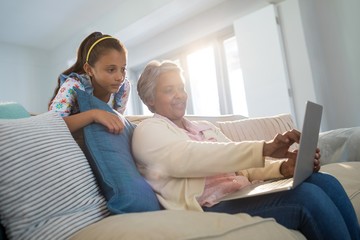 Grandmother and granddaughter using laptop in living room