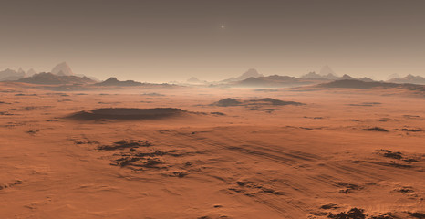 Sunset on Mars. Martian landscape. 3D illustration
