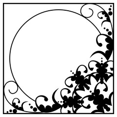 Black and white silhouette frame with decorative flowers. Vector clip art.