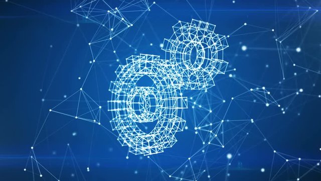 Working Gears Icon Appearing in Network Cloud from Lines and Dots. Symbol Forming from Particles. Looped 3d Animation. Loop from 100 to 500 frames. Business and Technology Concept. 4k UHD 3840x2160.