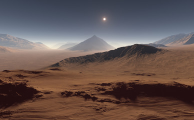 Fototapeta premium Sunset on Mars. Martian landscape. 3D illustration