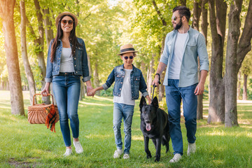 Naklejka na ściany i meble young happy interracial family with picnic basket walking with dog in forest