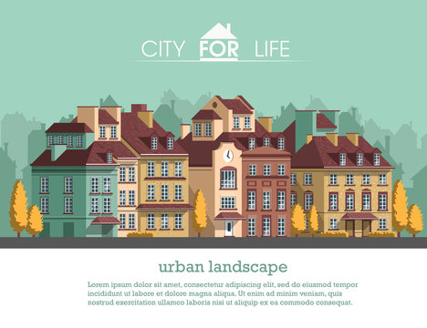 European city with historical buildings. Traditional architecture landscape. Flat vector illustration. 3d style.