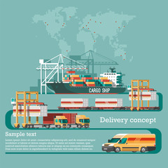 Delivery service set. Delivery car, container cargo, loader, truck loader, carrier truck, gas truck, warehouse. Flat style vector illustration. 