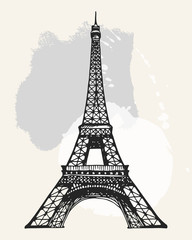 Eiffel Tower in Paris vector illustration, hand drawn famous french landmark silhouette on a watercolor splashes background