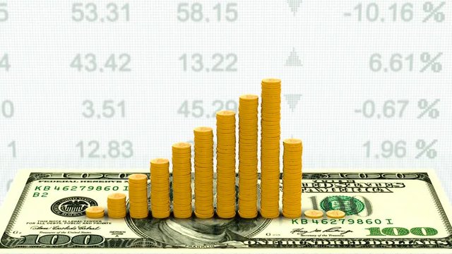 Computer animation growing chart in columns of coins, which shows the growth rate of currencies or stocks on the stock exchange and the stock market. 3D animation on white, full hd 1920x1080