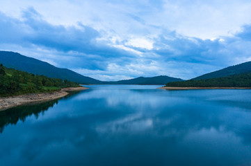 View from above on mountain lake at dusk