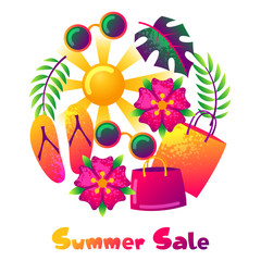 Summer sale background with colorful elements. Sun, palm leaves and shopping bags