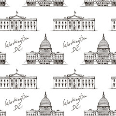 Seamless pattern with White House and Capitol Building in Washington DC, USA with text