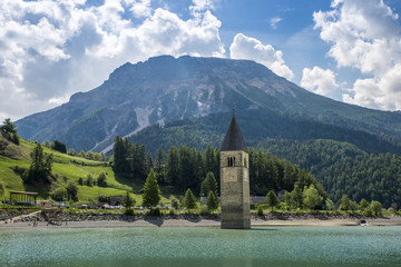 Church Tower Of Graun in the Lago Di Resia, Italy, Europe