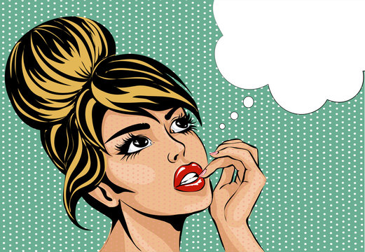 Pop art vintage comic style woman with open eyes dreaming, female portrait with speech bubble vector