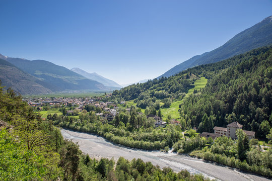 Aerial View of Town of Prad am Stilfserjoch, Tyrol, Italy, Europe