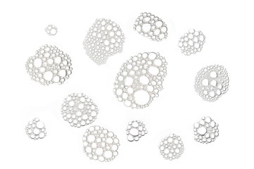Group of foam bubble from soap or shampoo washing isolated on white background on top view photo object design