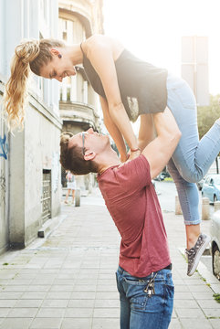 Young couple at the street having fun