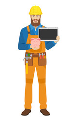 Worker with piggy bank and digital tablet