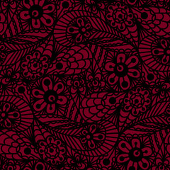 Seamless flower paisley lace pattern on red background