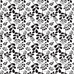 Rustic floral seamless pattern, black plants ob white background