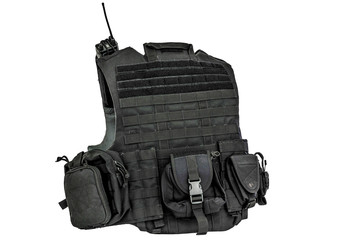 A bulletproof vest made from high-tech fabric with quick connection system, close up, isolated