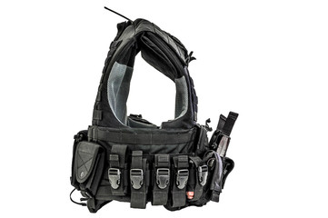 A bulletproof vest made from high-tech fabric with quick connection system, close up, isolated