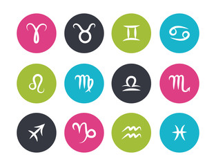 Set of hand drawing zodiac symbols, flat colored round icons on the white background