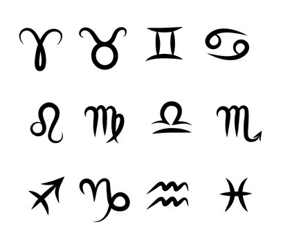 Set of flat hand drawing zodiac symbols, black on the white background