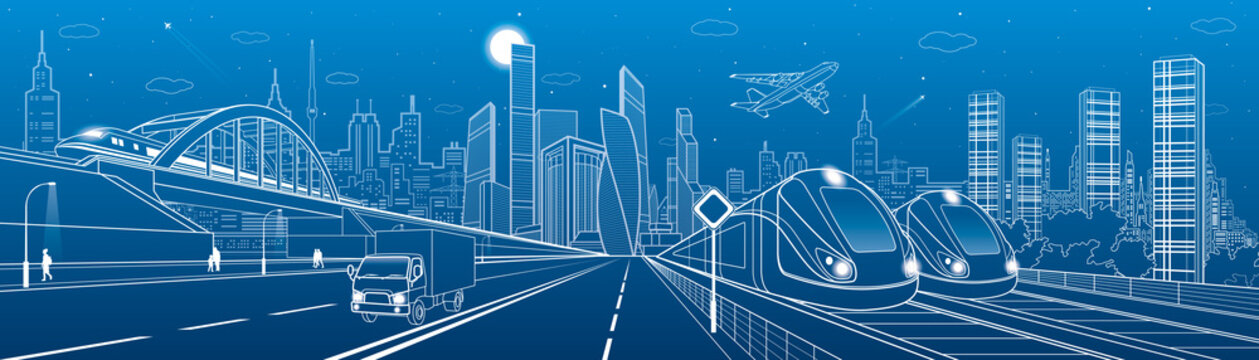 Locomotive rides on bridge. Truck driving to highway. Two trains. People walking. Urban infrastructure, modern city on background, towers and skyscrapers, airplane fly. Vector design art 