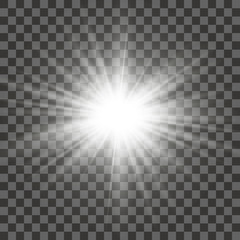 White glowing light burst explosion with transparent. Vector illustration for cool effect decoration with ray sparkles. Bright star. Transparent shine gradient glitter, bright flare. Glare texture.