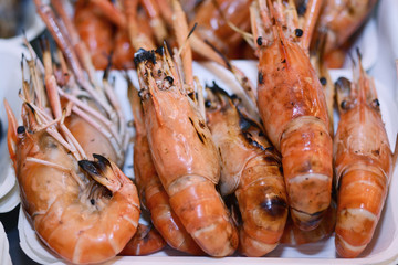Seafood : prawn on grill in Foam polystyrene tray box