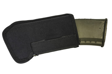 Carrying weapons case: military tactical cartridge pouch made from high-tech fabric with quick connection system, close up, isolated