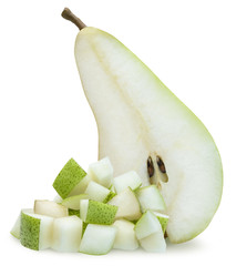 Half and diced pear on white