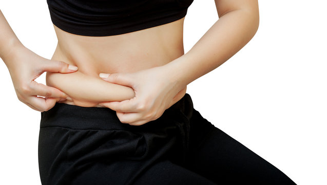 woman hand pinching fat body belly paunch on white and clipping path