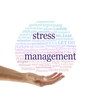 Elements of Stress Management word cloud -  a hand held open with a red to blue graduated circular world cloud containing words relevant to stress management
