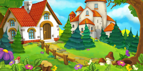 Obraz na płótnie Canvas cartoon scene of an old house in the forest and big castle in the background
