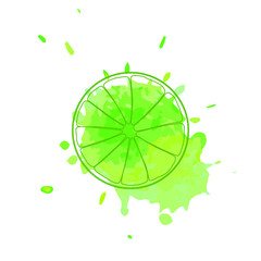 Isolated green outline slice of lime on yellow green watercolor spot of juice. Blot print of curve lines.