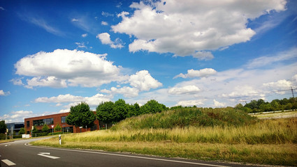 Fototapeta premium Suburban road and yellow fields under summer cloudscape