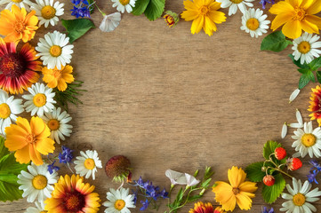 field flowers and berries on a wooden background. Space for text.