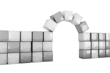 design element. 3D illustration. rendering. child toys. plastic cubes wall with gateway  construction black and white image on white background