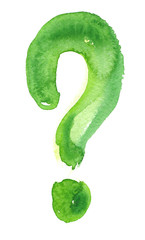 Single big green question mark painted in watercolor on clean white background - 163033791