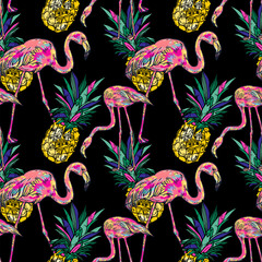 Tropical summer seamless pattern with pink flamingo, pineapple.