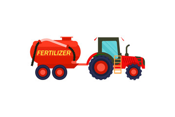 Tractor with fertilizer barrel icon. Rural industrial farm equipment machinery, agricultural vehicle isolated vector illustration in flat design.
