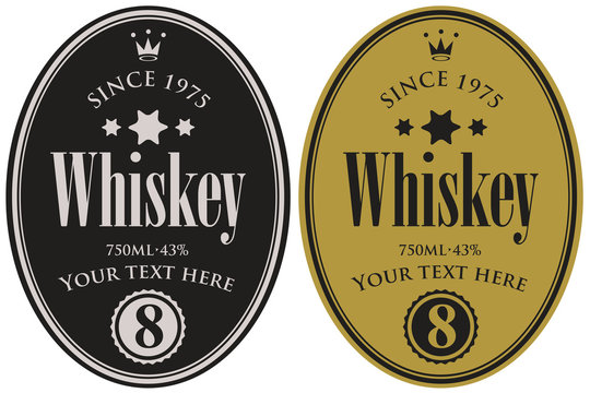 Vector set of two labels for whiskey in the oval frame with crown and inscription on dark background in retro style