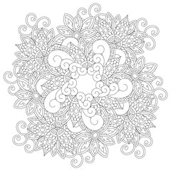 Coloring book page for adults and kids in doodle style. Vector artwork. Good for art therapy, zentangle-style meditation and design of wrapping and textile.