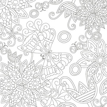 Coloring book page for adults and kids in doodle style. Vector artwork. Good for art therapy, zentangle-style meditation and design of wrapping and textile.