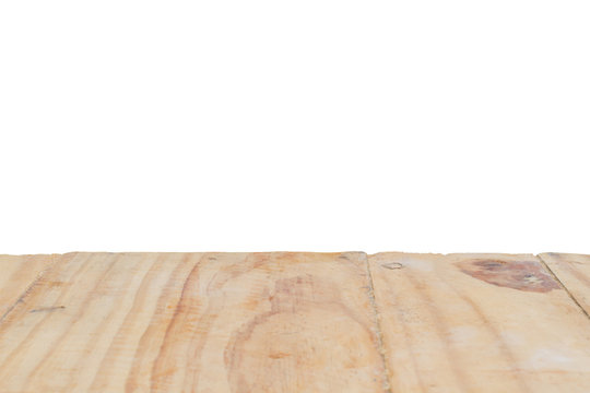 Old vintage planked wood table surface in perspective on white background